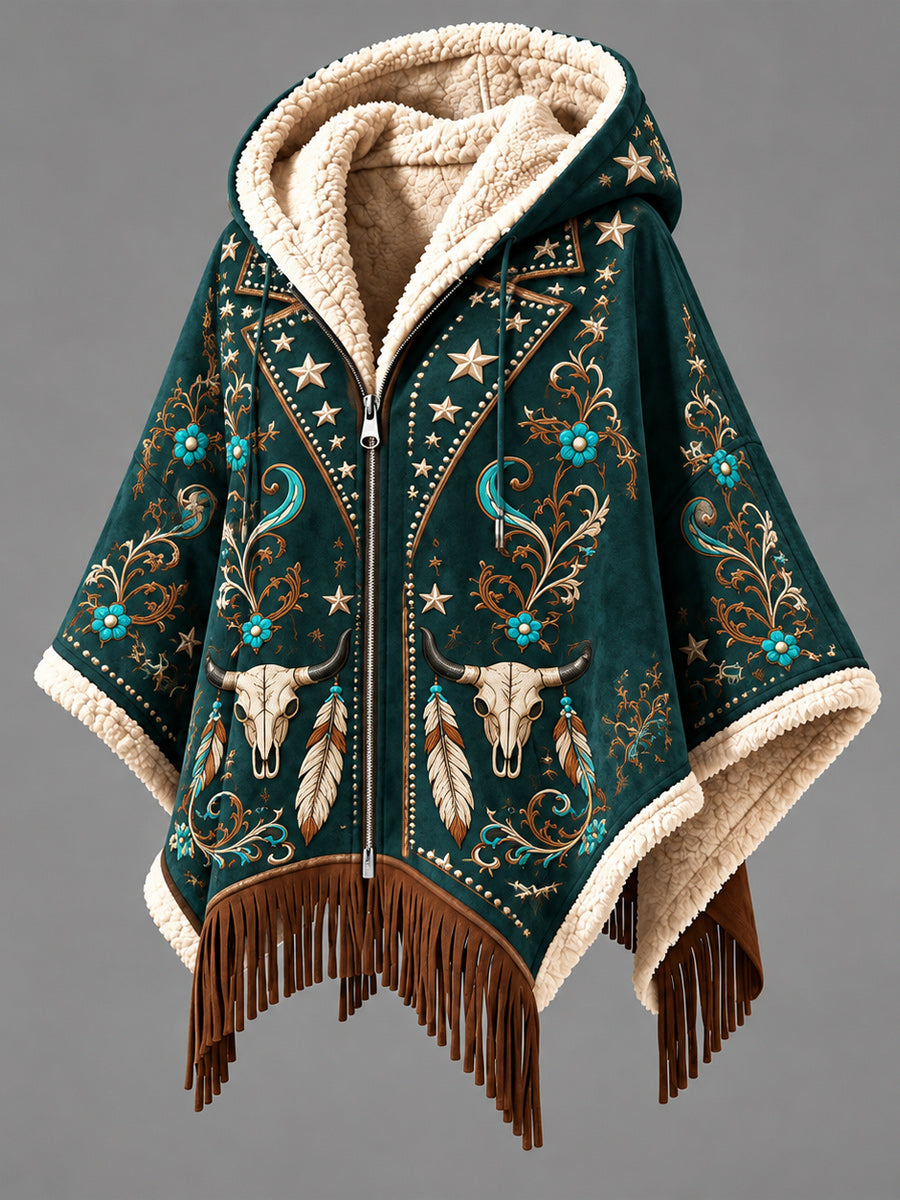 Women's Fall Winter Vintage Art Fleece-Lined Hooded Fringe Poncho